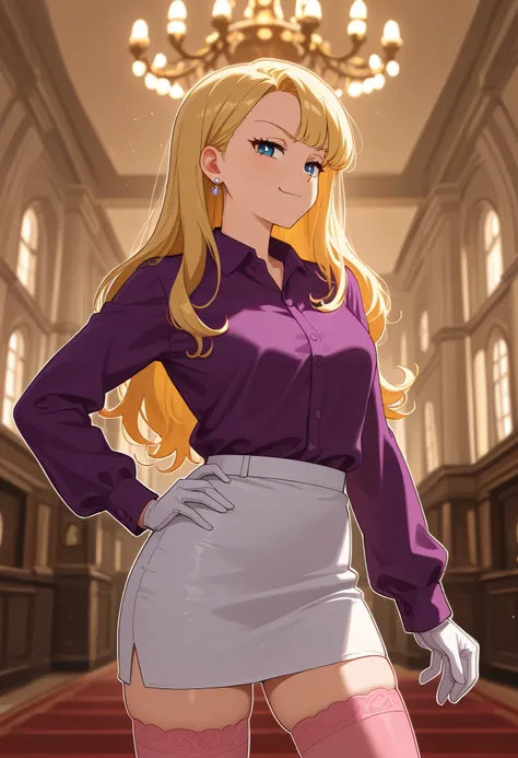 2d, omspacifica, 1girl, (adult woman:.7), blonde hair, long hair, bangs, blue eyes, white pupils, earrings, diamonds, collared shirt, purple shirt, single white glove, white skirt, pink thighhighs, serious, smug, amazing quality,very aesthetic,absurdres,ne...