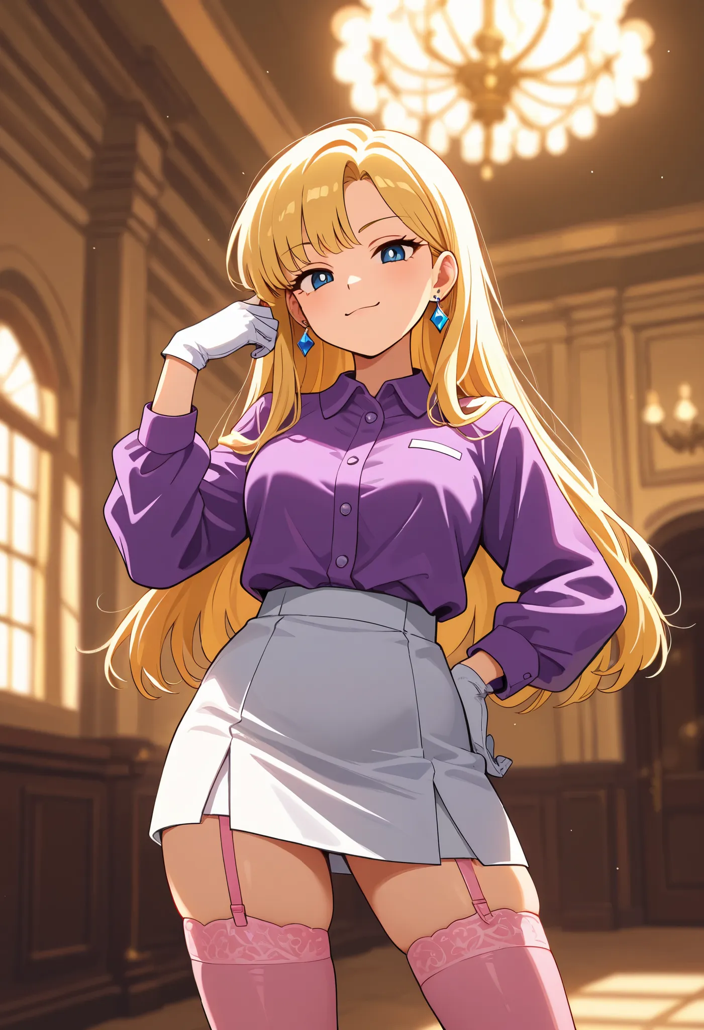 2d, omspacifica, 1girl, (adult woman:.7), blonde hair, long hair, bangs, blue eyes, white pupils, earrings, diamonds, collared shirt, purple shirt, single white glove, white skirt, pink thighhighs, serious, smug, amazing quality,very aesthetic,absurdres,ne...