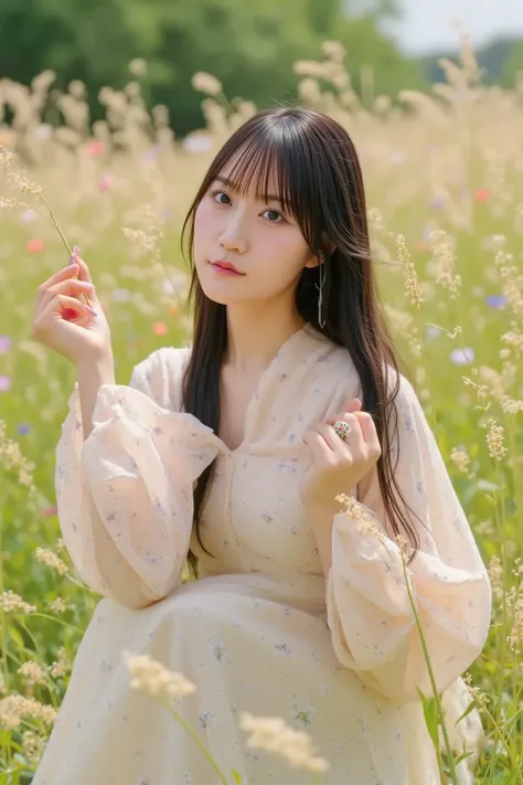 "A sweet young woman in a light floral dress, holding the edges of her skirt delicately while posing with one foot slightly lifted. The background is a sunny meadow with gentle wind blowing."


