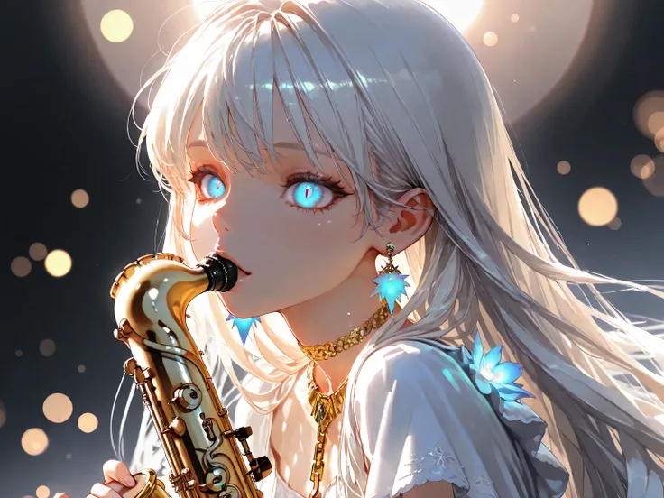  masterpiece,   rolled up ,  image, Saxophone Blue,   platinum earrings  , Platinum chain ,  white dress,  1 girl,  cute, ( dynamic lighting :1.2),  cinematic lighting ,  delicate facial features ,   detailed eyes , sharp pupils,  realistic pupils , depth ...