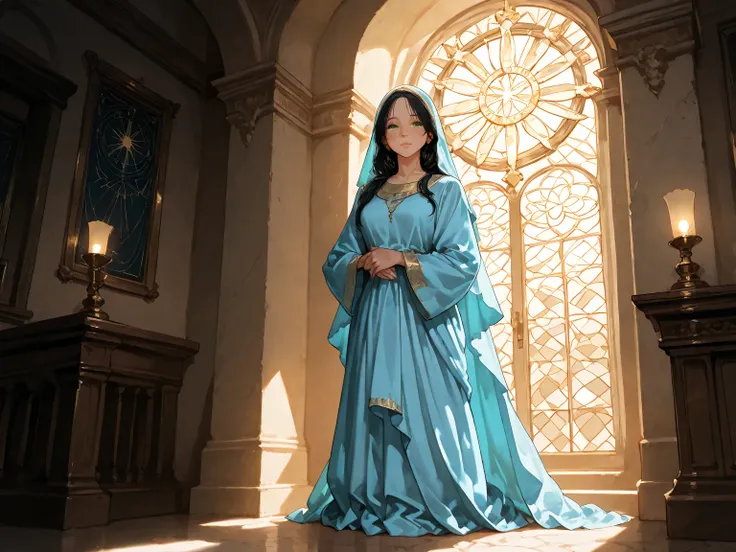 Mother of Jesus ,  black hair and green eyes,  light brown skin ,  wears a light blue robe ,  and a sky blue veil ,  A peaceful expression , Peace brings  ( full body)  near a window ,  Illuminated by the Moon  (Great and realistic)