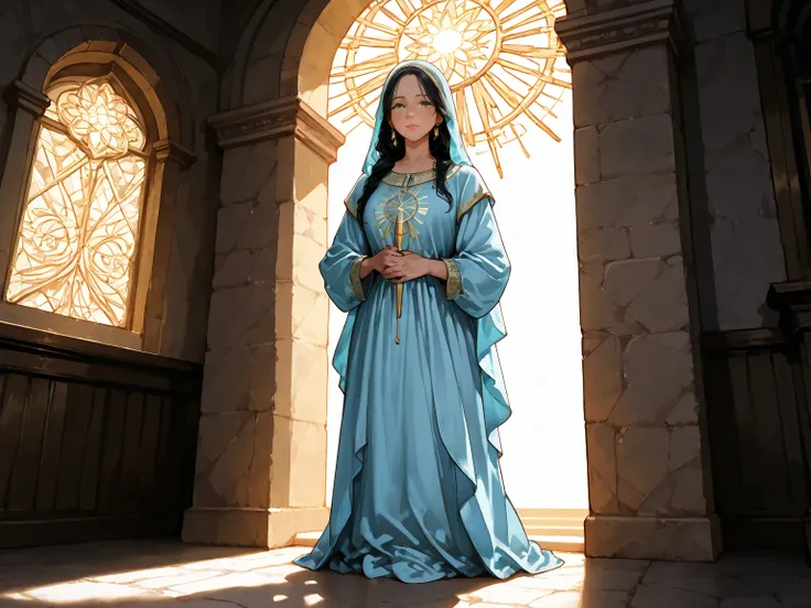 Mother of Jesus ,  black hair and green eyes,  light brown skin ,  wears a light blue robe ,  and a sky blue veil ,  A peaceful expression , Peace brings  ( full body)  near a window ,  Illuminated by the Moon  (Great and realistic)