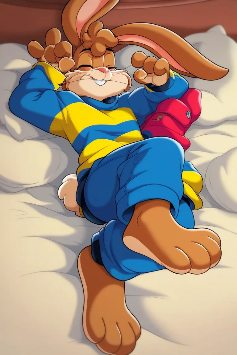 zPDXL3,quicky,4 fingers,brown fur, blue pants, yellow winter sweater, French style, sitting down on the bed in the bedroom, young 25 year old adult, 6 feet tall, cute version of quicky, cute rabbit hair, furry, rabbit, male, femboy, slim,solo,looking_at_vi...