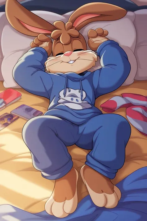 zPDXL3,quicky,4 fingers,brown fur, blue pants, yellow winter sweater, French style, sitting down on the bed in the bedroom, young 25 year old adult, 6 feet tall, cute version of quicky, cute rabbit hair, furry, rabbit, male, femboy, slim,solo,looking_at_vi...