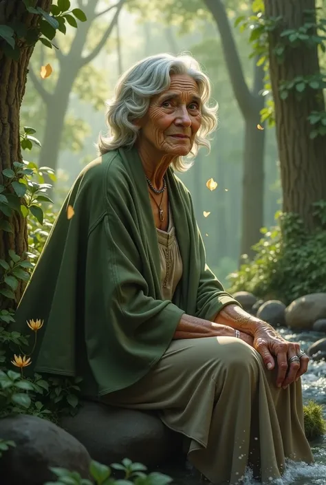  image that refers to an elderly lady, Of indigenous ethnicity, expression of calm and wisdom,  in a natural setting , with the subtle presence of elemental beings