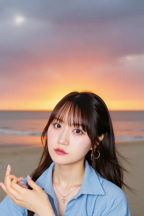 "A stunning seaside sunset with the sky painted in shades of orange, pink, and purple. Gentle waves reflect the warm colors of the sky, and a soft breeze carries the scent of the ocean, evoking a calm and romantic mood."




