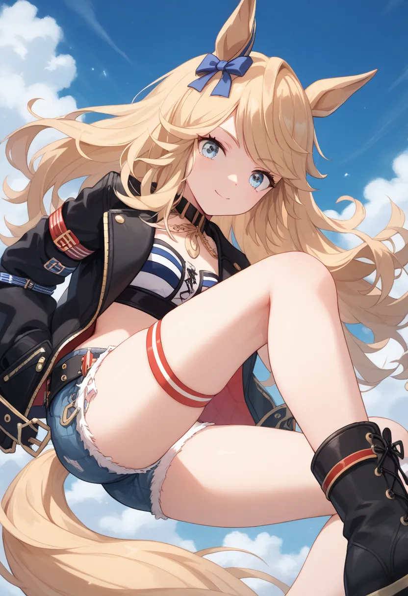 score_9, score_8_up, score_7_up, best quality, masterpiece, very aesthetic, ultra detailed,very detailed background, Gold_C, horse ears, horse tail, long hair, bangs, blonde hair, blue eyes, GC_Race, long sleeves, open jacket, black jacket, midriff, belt, ...