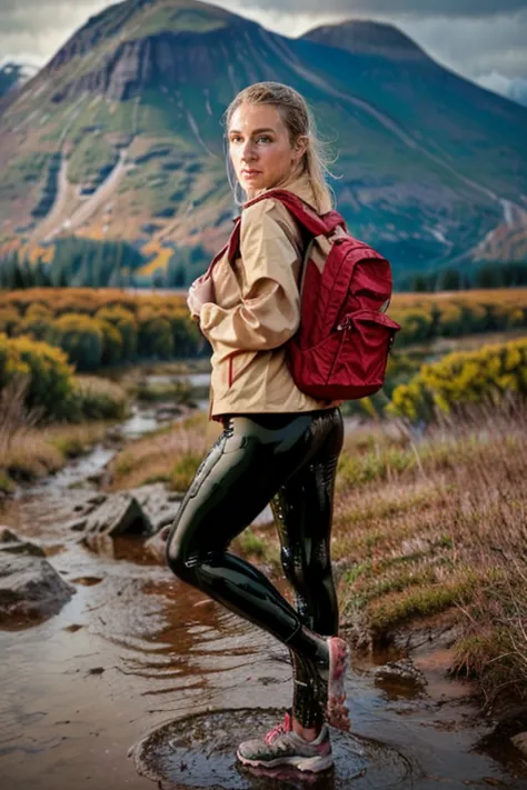 Naturescape photography; mountain climbing; Full body view; (1woman:0.5, solo), (slender body), (Small breasts) , wetlook, heavy rain, wet clothes, oily look, dripping oil, wet leggings, (soaking wet red wind jacket , soaked wet running tights , wet clothe...