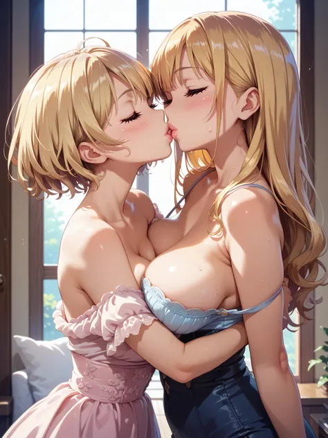 score_7_up, score_8_up, score_9, one girl, single women, anatmically correct, takeda hiromitsu style, incoming kiss, closed eyes, detailed skin, detailed eyes, blonde hair, big breast, Glossy lips, Sweating, Blush, narrow waist, looking at the viewer, cowb...