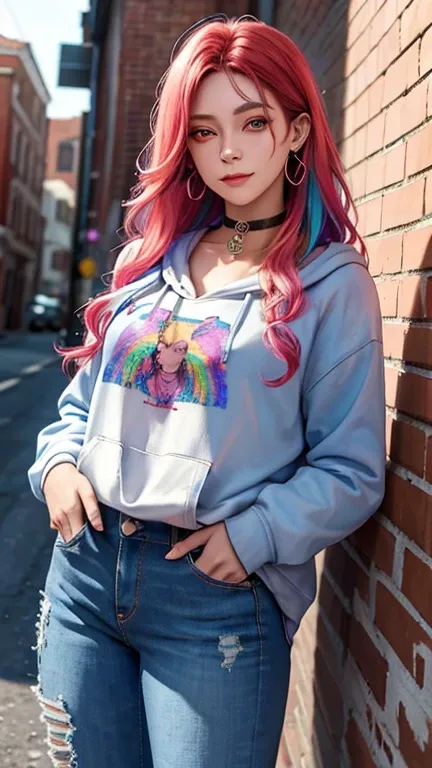 (masterpiece, best quality, 1girl full tato yakiza, solo, intricate details, chromatic aberration), realistic, ((medium breath)),long hair, rainbow hair, red head ornament, colorful highlights, hair over one eye, detailed eyes, earrings, sharp eyes, choker...