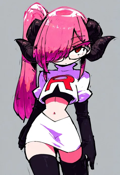 StyleBirdBlitz,(masterpiece, best quality, very awa),
1boy, solo, otoko-no-ko, [twink], petite, pink hair, side ponytail, long hair, sidelocks, red eyes, hair over one eye, glasses, asymmetrical hair, flat chest, (black goat horns), sheep horns, thin waist...