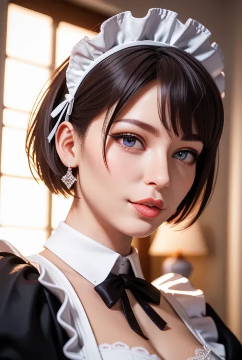 Beautiful girl with long neckline and short hair,   sagitales , nose, Lick your lips and ,  maid outfit, In a fancy room,  beautiful girl with long blond hair using a ,  hp computer ( top quality,4K,8k, high res, masterpiece:1.2),超 high res,( by Nomi,photo...