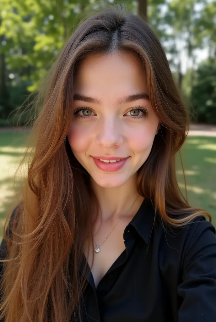 A brunette girl, 19 years old.,(( hyperrealism)) ,.  Dark blonde hair with light brown roots.,  hair with brown roots ,  Extra long hair,  Very long hair,  Very long hair,  beautiful, Vista frontal, selfie,  Photo taken with the iPhone  , Elegant black shi...