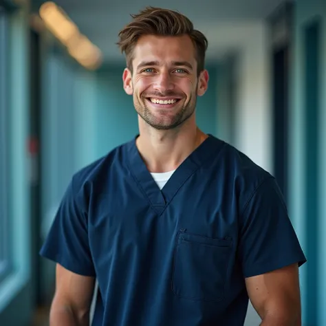 masterpiece, best quality, Realistic Full Body Photo, Physiotherapy Student, 23 years old, Male, Half Body Shot, Caucasian, Dark Blue Clinical Uniform, Eye Catching Background, Health Professional Photo