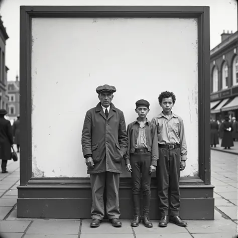 This image is a black and white photograph with signs of age, presenting a strong sense of history. An adult English man and two young boys stand side by side in the picture next to a large blank rectangular billboard. They are dressed in the distinctive c...