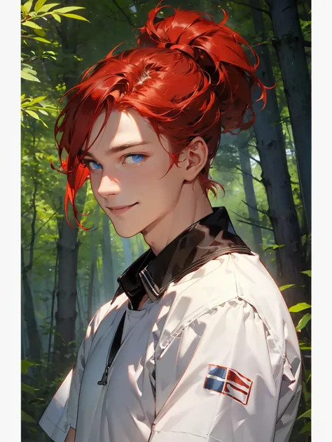  red hair tied, strong impression, man, Upper body,  blue eyes,  forest and tree background, smile
