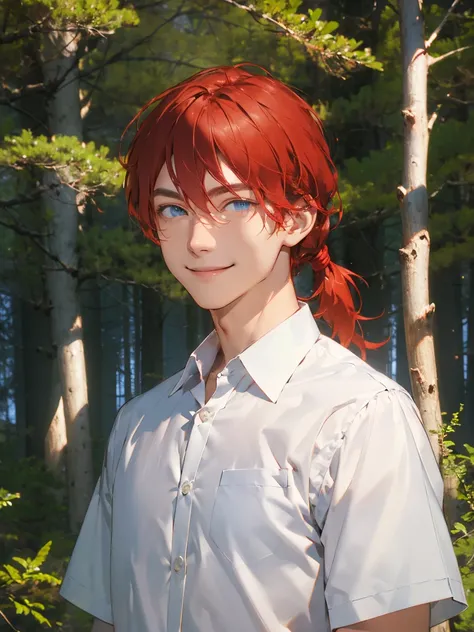  red hair tied, strong impression, man, Upper body,  blue eyes,  forest and tree background, smile
