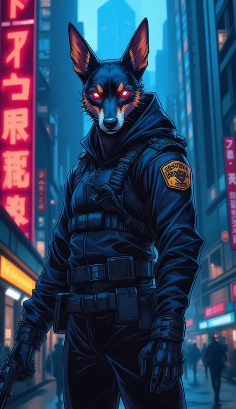 comics ilustration, cyberpunk, full body shot,  anthropomorphic dog, police detective, futuristic police outfit, one mechanical optical red eye, tactical headset,  futuristic gun in belt, best quality, 8k, highres, masterpiece, ultra-detailed, realistic, p...