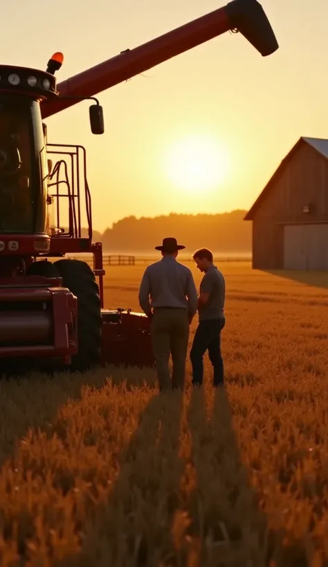 Margot Robbie, exhausted but relieved, sits inside the stopped combine harvester, inches from crashing into a wooden barn. The farmer stands nearby, face buried in his hands. The setting sun casts a warm golden glow over the wheat field and barn.