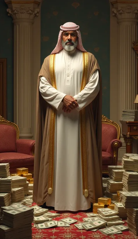 A muslim man standing with a lot of money around him in a room