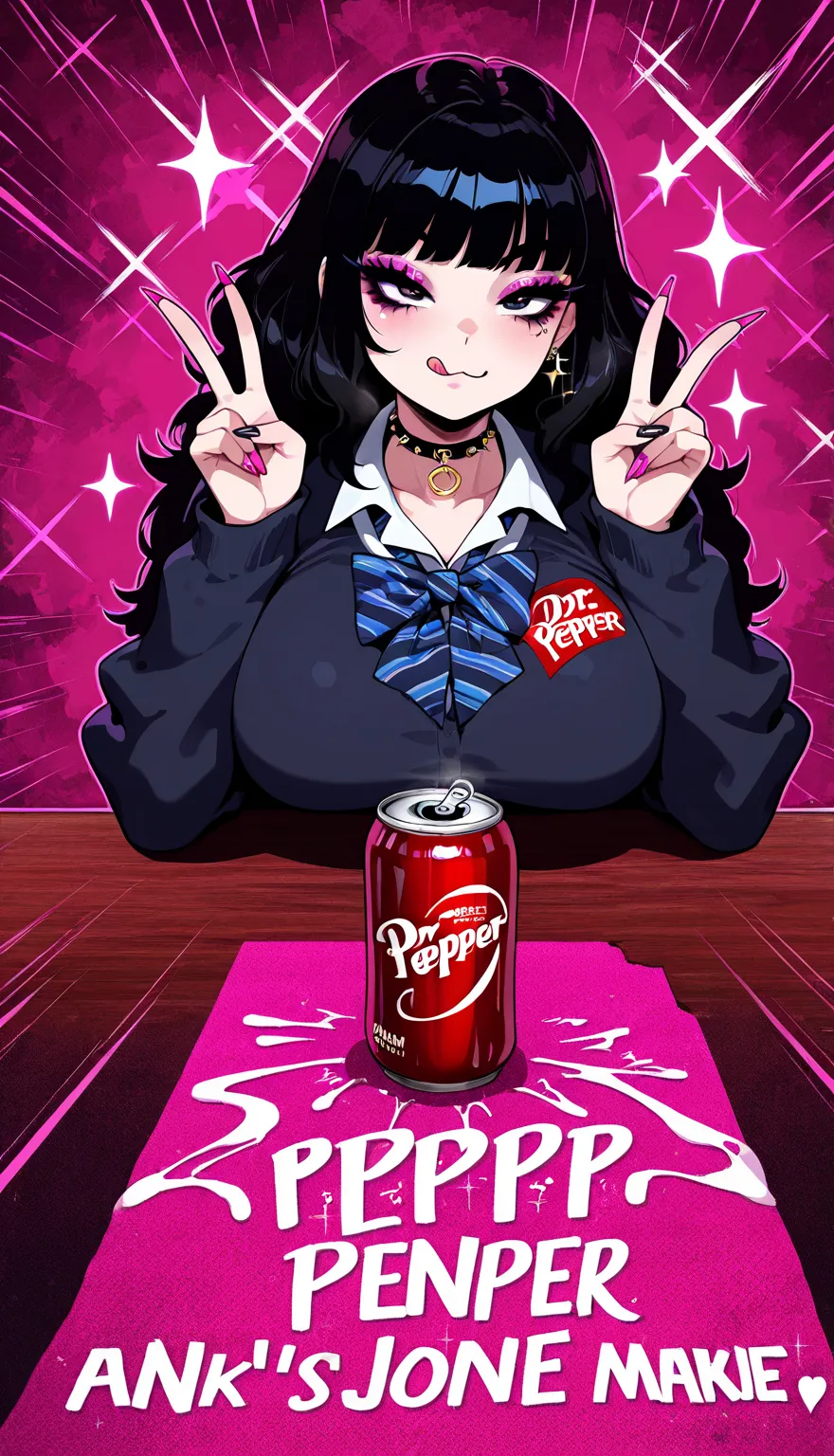 sfw, makeup gyaru, 3 punk women, black hair, breast, v, upper body, foodgasm, Dr.pepper , :3, :q, sparkle,