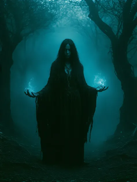 Necromancer Witch, occult, black magic, dark entity, horror, nighttime, dark clouds, ancient cemetery background, dark surrealism, high detail, masterpiece.