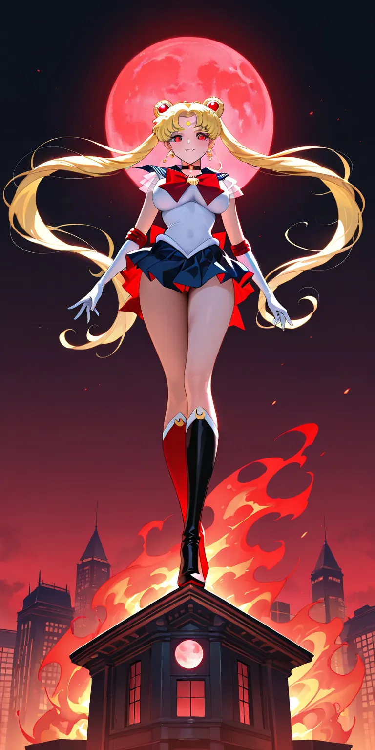 Masterpiece, elegant mature woman, evil sailor moon\(sailor moon\), black inverted moon on forehead, red eyes, tall body, big breast, black sailor senshi uniform, black sailor senshi uniform shirt, black sailor senshi uniform gauntlets, black sailor senshi...