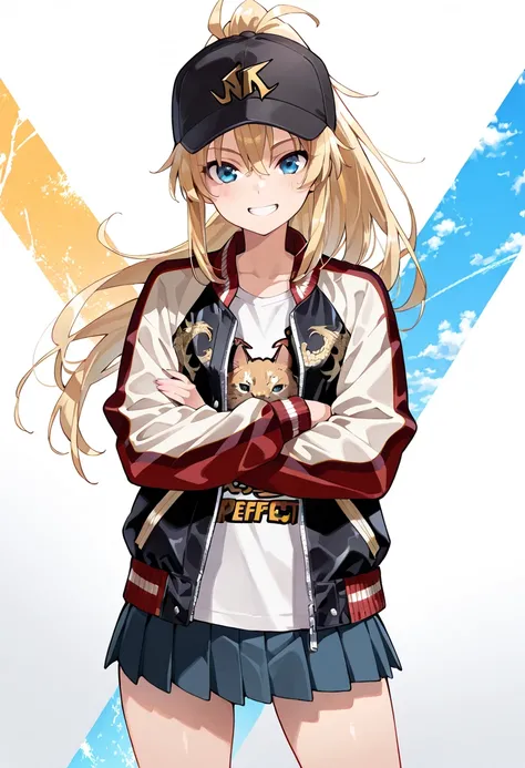 ((masterpiece, best quality, ultra detailed, high resolution, beautiful detailed face, beautiful detailed eyes, perfect hands)), (1 girl, solo), (blonde long hair, ponytail), (sukajan, souvenir jacket, print t-shirt, miniskirt), (sneakers, baseball cap), s...