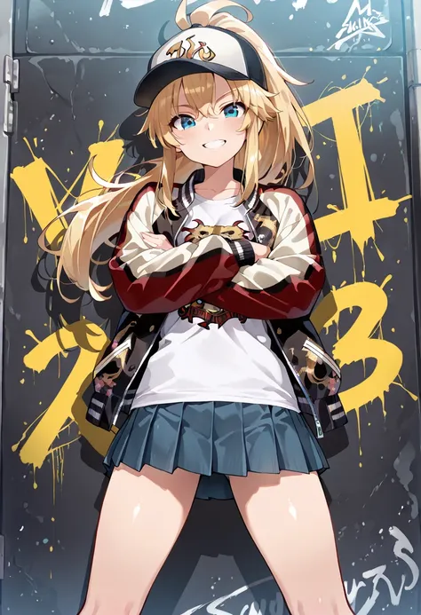 ((masterpiece, best quality, ultra detailed, high resolution, beautiful detailed face, beautiful detailed eyes, perfect hands)), (1 girl, solo), (blonde long hair, ponytail), (sukajan, souvenir jacket, print t-shirt, miniskirt), (sneakers, baseball cap), s...