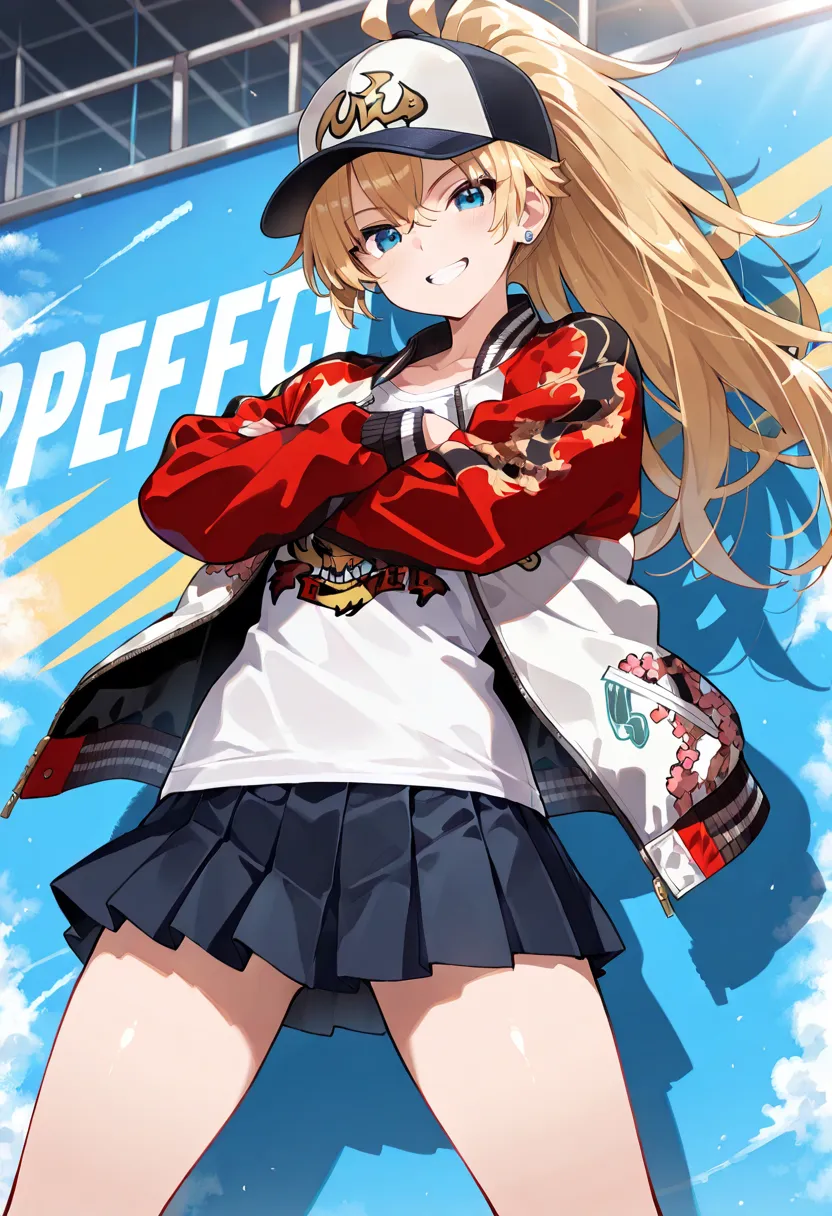 ((masterpiece, best quality, ultra detailed, high resolution, beautiful detailed face, beautiful detailed eyes, perfect hands)), (1 girl, solo), (blonde long hair, ponytail), (sukajan, souvenir jacket, print t-shirt, miniskirt), (sneakers, baseball cap), s...