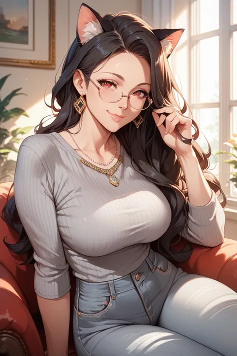 1milf,black long hair,red eyes,gray shirt,gray jeans, glasses,closed mouth,closed,smile face ,cat ears,lips,mature woman