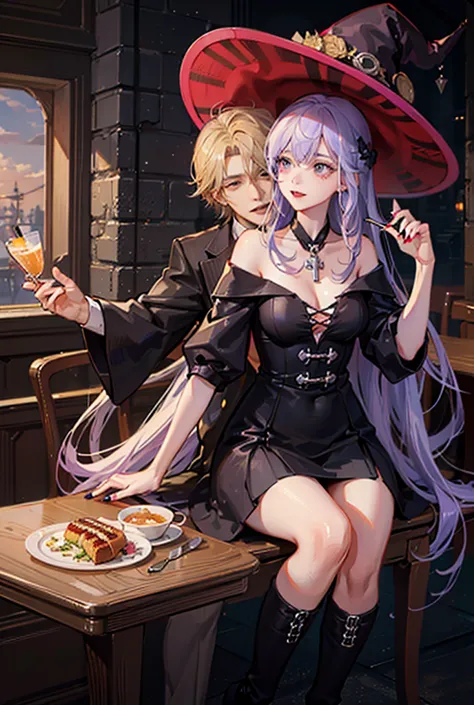 A young man and a girl take a breakfast. 
Anime witch vampire girl with very long white and purple hair. Big purple eyes. On the stage of an empty and lonely theater in a sexy short black and purple dress. Sexy Girl and young mature. Pink lips, sensual but...