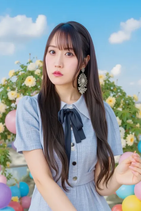 "A cheerful female idol dancing outdoors on a sunny day, wearing a summer-themed idol outfit with a sailor design and a short skirt. The background features a bright blue sky with fluffy clouds, colorful balloons, and a flower-covered arch."


