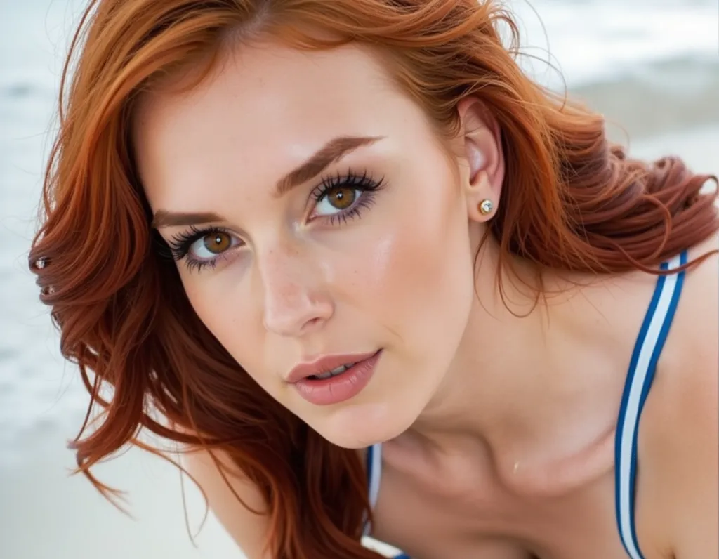  A super sexy smiling young female model with vibrant red hair falling over her shoulders.  your skin is clear and tan . 
She wears a bikini floss .  Her body is fitness and curvaceous ,  with big boobs .
 She's walking on the sand at the beach
At the beac...