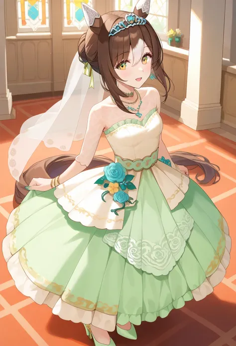 score_9, score_8_up, score_7_up, best quality, masterpiece, very aesthetic, ultra detailed,very detailed background, FIne_M, horse ears, horse tail, brown hair, multicolor hair, yellow eye, FM_Titania,hair bun, tiara, bridal veil, dress, necklace, jewelry,...