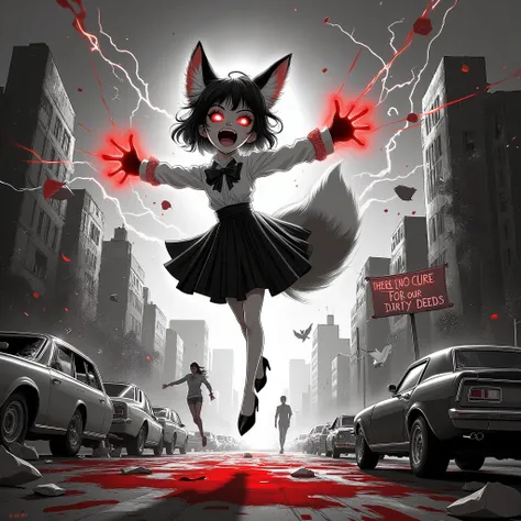 ((black and white cartoon style,Girl with a Evil laughing, scarlet glowing eyes,Fox Ears, Fox Tail, bow tie, pleated skirt long-sleeved blouse, red glow from her over sized gloves, pointed high heel shoes, flying above the ground in a city, causing damage ...