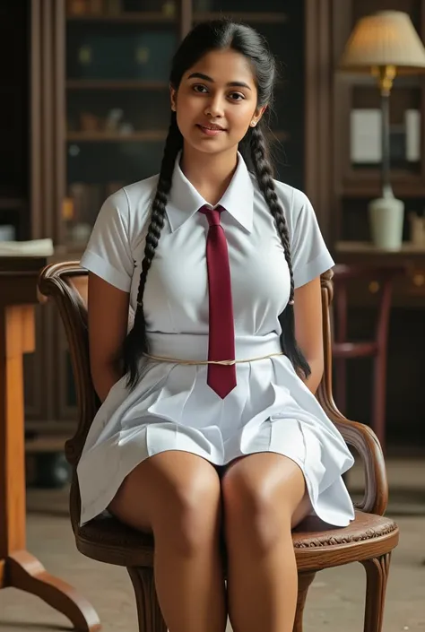 a beautiful  young  girl, ((huge breasts size)), with oily sweaty skin, tied up a chair with rope, hands behind back,  detailed white frock uniform, color tie,full body, (((sexy thick thighs, upskirt, clear perfect pussy))), wide photo ,cinematic lighting,...