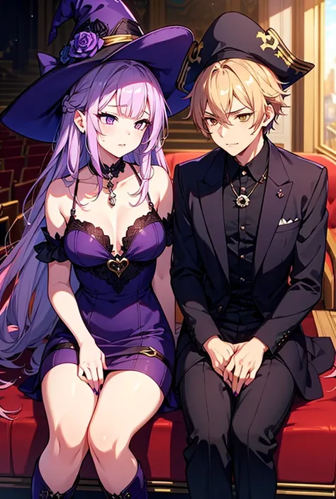 A young man and a girl take a breakfast. 
Anime witch vampire girl with very long white and purple hair. Big purple eyes. On the stage of an empty and lonely theater in a sexy short black and purple dress. Sexy Girl and young mature. Pink lips, sensual but...