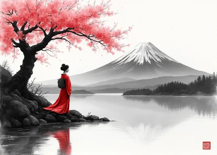 black and white Ink landscape wash painting of mount Fuji in Japan with a woman dress in a kimono under a cherry blossom tree, 