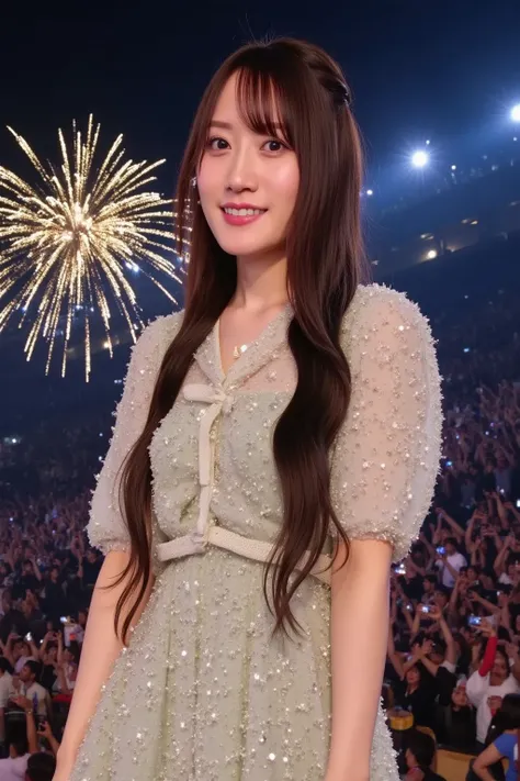 "A stunning female idol during the grand finale of an outdoor night concert, wearing a glittering star-themed idol dress with gold accents. Fireworks light up the night sky, and the audience’s penlights create a sea of colors. Her expression is filled with...