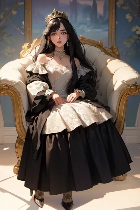 (  Masterpiece,   High quality vaccines ), 1 ,   alone, (queen:1.15),    black hair ,     Long Hair ,  cortina , dress with drawings by Dores Bodado Lilás, queen&#39;s Dress  ,  Aurora, (sunlight, null, Rio,   forest),   inexpressive,   red eyes, (  Art No...