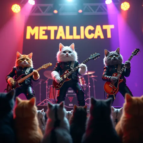 Create an ultra-realistic, cinematic 8K resolution image featuring a rock band composed entirely of cats. The band consists of a drummer, a bassist, two guitarists, and a lead singer. Each cat sports a uniquely colored fur—such as orange, white, gray, blac...