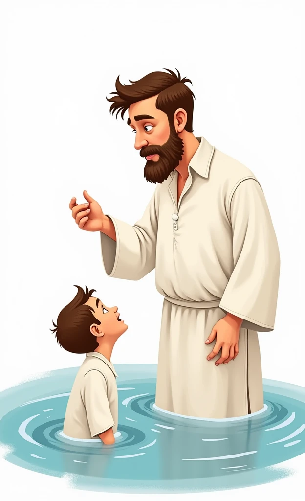 I want a drawing of a man , performing an immersion baptism in a small lake,  wearing a white shirt with long sleeves and a white tie ,  with brown hair and eyes , The man is facing a boy and with one hand on his shoulder,  The  boy , With the white clothe...