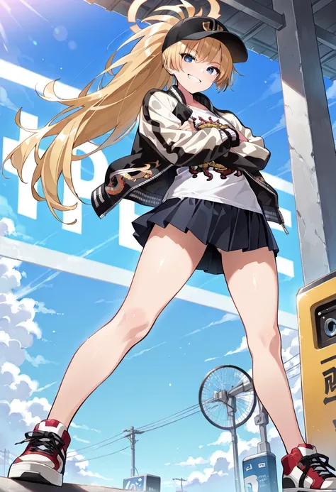 ((masterpiece, best quality, ultra detailed, high resolution, beautiful detailed face, beautiful detailed eyes, perfect hands)), (1 girl, solo), (blonde long hair, ponytail), (sukajan, souvenir jacket, print t-shirt, miniskirt), (sneakers, baseball cap), s...