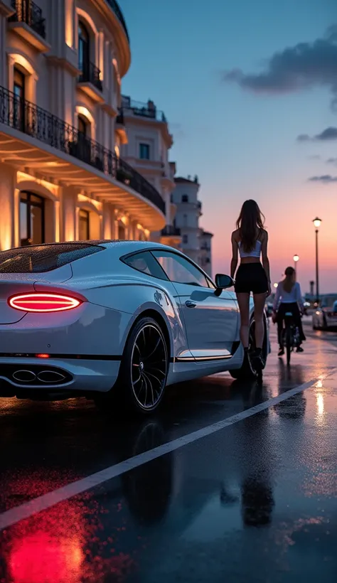 Two women in outfits one in a white outfit and the other in a black outfit in Monaco at night coming out of a bentley continental gt 2025 exit the spotlight shining on a vibrant White color, emphasizing its aerodynamic design and impressive aerodynamics, n...