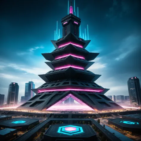 creat the image of a giant tower coming out of the center of the pentagon make it a cyberpunk mega structer