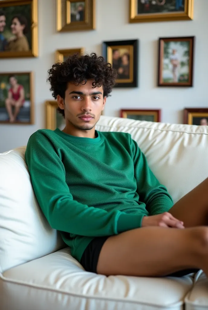 A young Indian man with curly hair, light brown eyes in green sparkling sweatshirt in black thin underwear lying down on a white ivory couch. Showing hairy thighs. Background is a lavish white wall with numerous photo frame