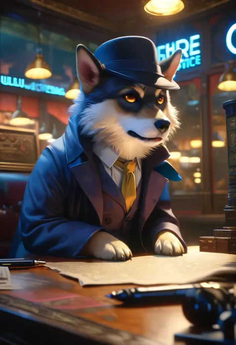 kemono , a dog, Alone, detective spy, a cool dog with real fur, Detective Costume, Searching for evidence, 0__11Xx _ illu, Written with an illumination pen, cinematic lighting, vibrant colors, intricate background details, (Highest Quality, 4K, 8k, High Re...