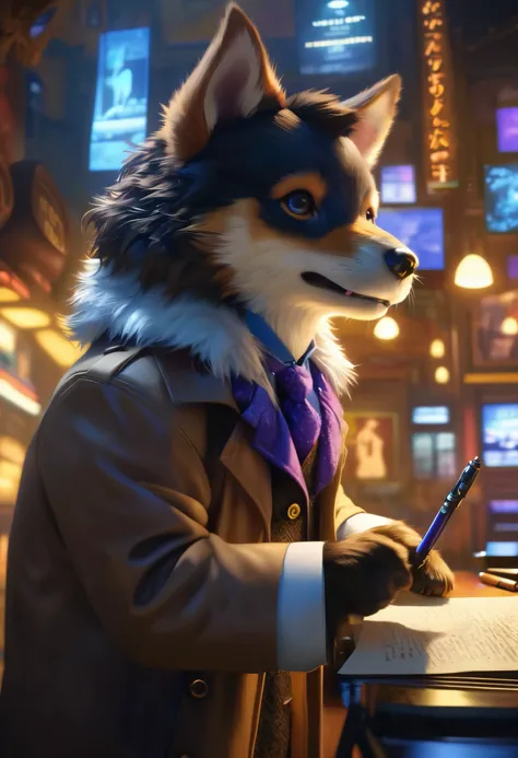 kemono , a dog, Alone, detective spy, a cool dog with real fur, Detective Costume, Searching for evidence, 0__11Xx _ illu, Written with an illumination pen, cinematic lighting, vibrant colors, intricate background details, (Highest Quality, 4K, 8k, High Re...