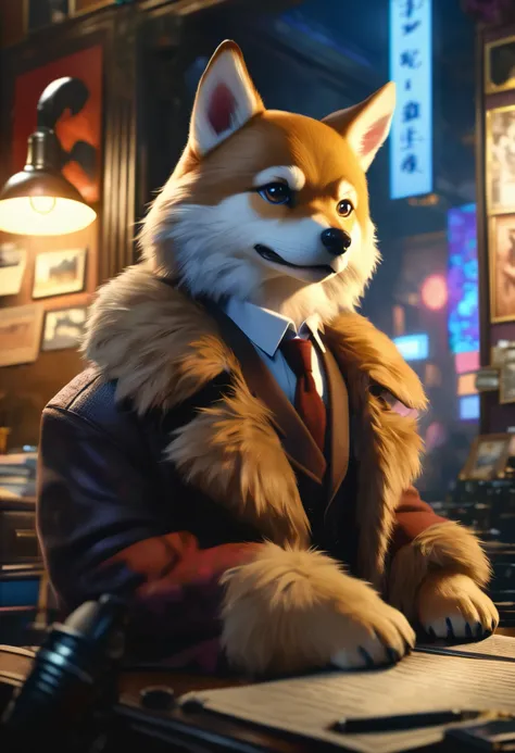 kemono , a dog, Alone, detective spy, a cool dog with real fur, Detective Costume, Searching for evidence, 0__11Xx _ illu, Written with an illumination pen, cinematic lighting, vibrant colors, intricate background details, (Highest Quality, 4K, 8k, High Re...